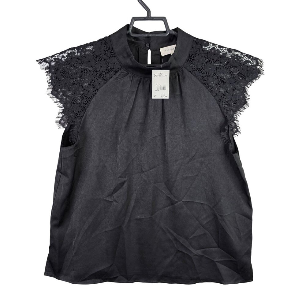 Womens Melloday Black Sleeveless Top Lace Shoulders 100% Polyester Size M